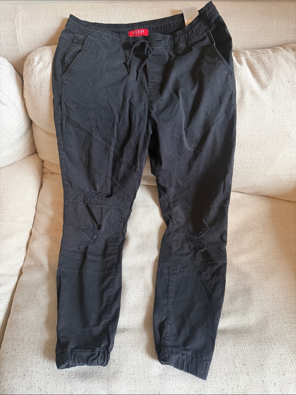 GUESS Black Distressed Jogger Pants with Drawstring